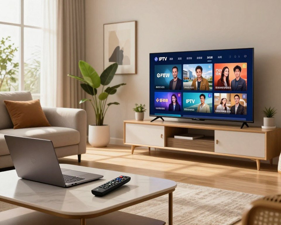 A modern living room with a cozy atmosphere showcasing a high-definition television displaying vibrant IPTV content. In the foreground, a stylish coffee table features a sleek remote control and a laptop, symbolizing user-friendly technology. The middle section highlights a comfortable sofa with plush cushions, inviting viewers to enjoy entertainment. In the background, large windows allow natural light to stream in, illuminating the space and creating a warm, inviting mood. Stylish décor elements such as green plants and artwork enhance the environment. The lighting is soft and warm, evoking a sense of relaxation. This scene captures the essence of reliable and enjoyable IPTV service, emphasizing quality and user experience.