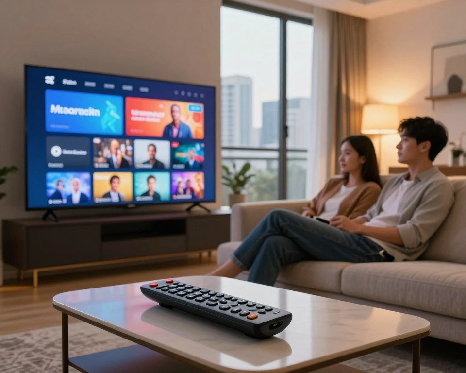 A modern living room with a large flat-screen TV displaying a vibrant streaming interface, showcasing various channels available via Internet Protocol Television. In the foreground, a sleek remote control rests on a stylish coffee table. In the middle, a young couple, dressed in casual yet professional attire, relaxes on a comfortable sofa, engaged in watching content together. Soft, warm lighting from a nearby lamp creates an inviting atmosphere, while a large window in the background shows a view of the urban skyline, suggesting the convenience of streaming broadband. The scene captures the essence of technological advancements in home entertainment, emphasizing connectivity and a cozy viewing experience. Rich colors and clear details enhance the mood of modern convenience and enjoyment.