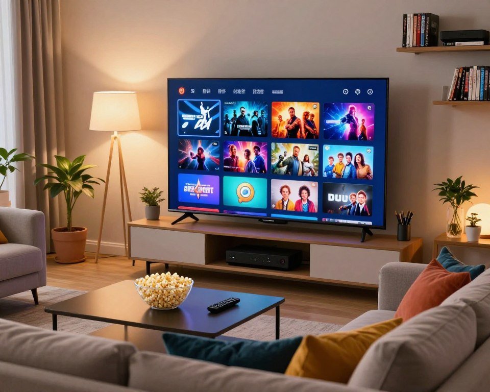 A modern living room with a large flat-screen TV displaying an extensive selection of vibrant live channels and movie thumbnails. In the foreground, a comfortable couch with colorful throw pillows invites relaxation, while a sleek coffee table has a bowl of popcorn and a remote control. The middle ground features an animated home screen showcasing various genres—action, drama, sports, and family—with eye-catching visuals and bright icons. Soft, warm lighting from stylish floor lamps creates a cozy atmosphere, while a few indoor plants add a touch of nature. The background reveals bookshelves filled with DVDs and streaming devices, encapsulating the essence of home entertainment. The angle of view is slightly elevated, capturing the inviting ambiance and excitement of diverse on-demand content.