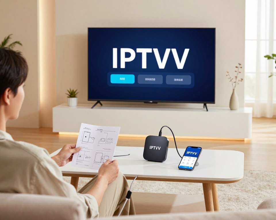 A modern living room with a sleek TV prominently displayed, showcasing an easy device setup process for IPTV. In the foreground, a person of Asian descent in a smart casual outfit is comfortably sitting on a stylish couch, connecting a small streaming device to the TV with simple plug-and-play cables. In the middle, a bright, organized coffee table holds an instruction manual with easy-to-follow diagrams, alongside a smartphone displaying the IPTV app. The background features soft ambient lighting, a well-decorated wall with minimalistic decor, and a window with natural light streaming in, creating a warm and inviting atmosphere. The mood is relaxed, highlighting a sense of ease and immediacy in technology setup. No text or branding is visible.