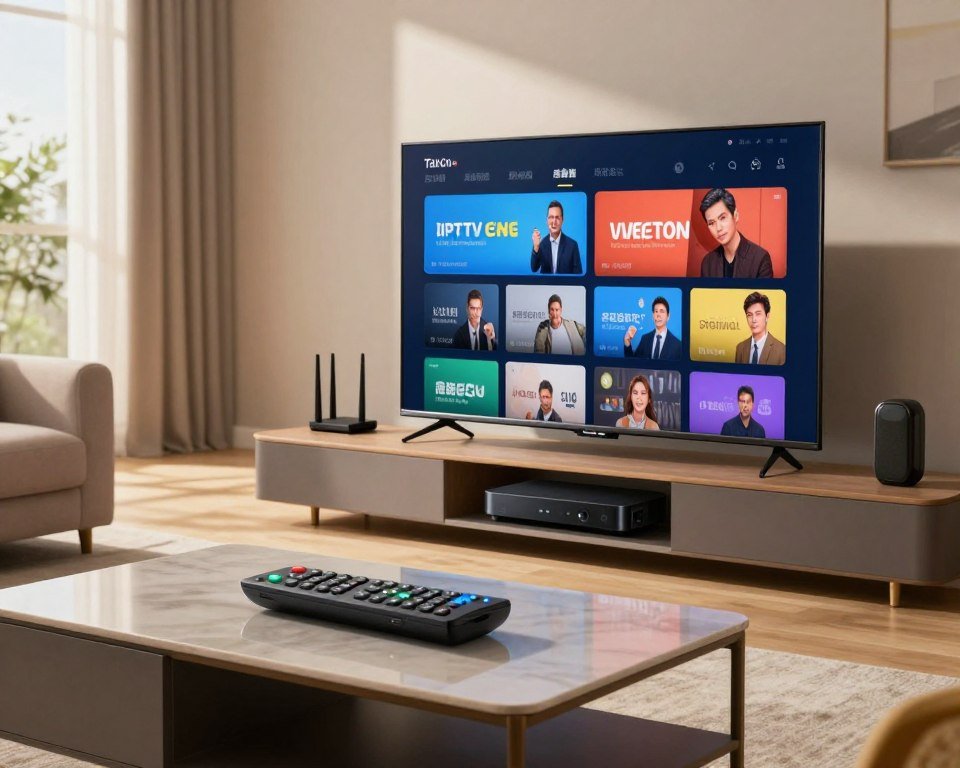 A modern living room with a sleek, large flat-screen TV displaying streaming channels, surrounded by comfortable furniture. In the foreground, a remote control lies on a stylish coffee table. The middle layer features a digital IPTV device with glowing LED lights, symbolizing connectivity, alongside a high-speed router. In the background, a window lets in natural light, creating a warm and inviting atmosphere. Soft shadows cast by the sunlight enhance the room’s coziness, while modern decor adds a touch of sophistication. The scene is framed with a slight angle, providing depth. The overall mood is one of relaxation and high-tech entertainment, capturing the essence of Internet Protocol Television technology and its seamless integration into home entertainment.