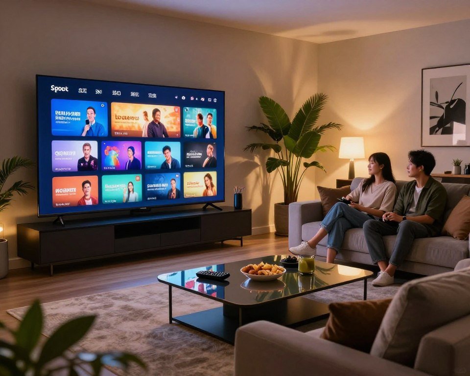 A modern living room with a sleek, large-screen television displaying a vibrant array of streaming options, showcasing various entertainment channels. In the foreground, a stylish coffee table holds remote controls and snacks, reflecting a cozy yet upscale atmosphere. The middle ground features a plush sofa where a couple in modest casual clothing sits, engaged and enjoying the content together. Lush indoor plants add a touch of greenery, enhancing the comfort. In the background, soft ambient lighting creates a warm glow, while artwork adorns the walls, emphasizing luxury. The scene is captured from a slightly elevated angle, providing a panoramic view that conveys a sense of openness and relaxation, embodying the idea of superior streaming and extensive entertainment choices.