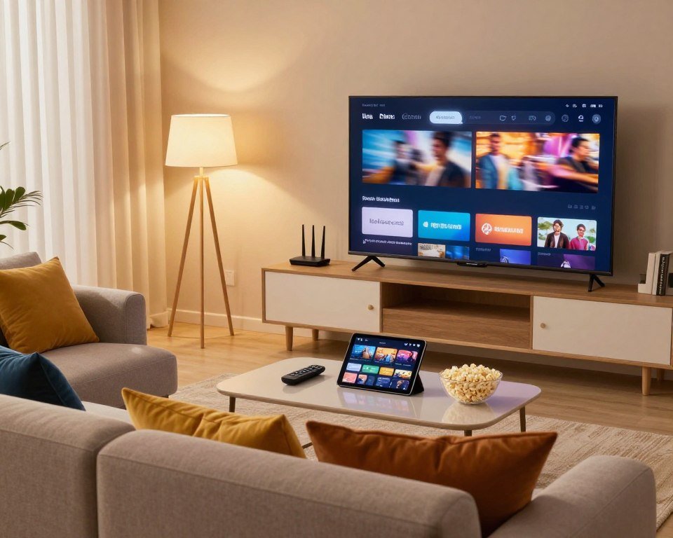 A modern living room with a sleek, large-screen television displaying high-definition content, emphasizing superior streaming quality and performance. In the foreground, a comfortable, stylish sofa adorned with vibrant cushions invites relaxation. The middle ground features a coffee table with remote controls, popcorn, and a tablet showcasing a streaming app interface. The background shows a cozy ambiance with soft lighting from elegant floor lamps and a digital setup including a router, symbolizing fast internet connection. A subtle motion blur on the TV screen enhances the sense of dynamic content playing, while the color palette remains warm and inviting, creating a mood of comfort and entertainment. The scene captures a moment of enjoyment, free from distractions or text.