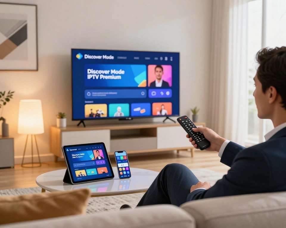 A modern living room with a sleek television displaying the "Discover Mode IPTV Premium" interface on the screen. In the foreground, a person in professional business attire is seated on a stylish sofa, excitedly holding a remote, with an expression of anticipation. In the middle ground, a vibrant tablet and smartphone showcasing the IPTV app. Soft, warm lighting from floor lamps creates an inviting atmosphere. The background features a well-decorated wall with digital art and a large window allowing natural light to filter in, creating a cozy yet tech-savvy environment. The angle is slightly tilted, emphasizing the interaction and engagement with technology while conveying a sense of seamless activation and modernity.