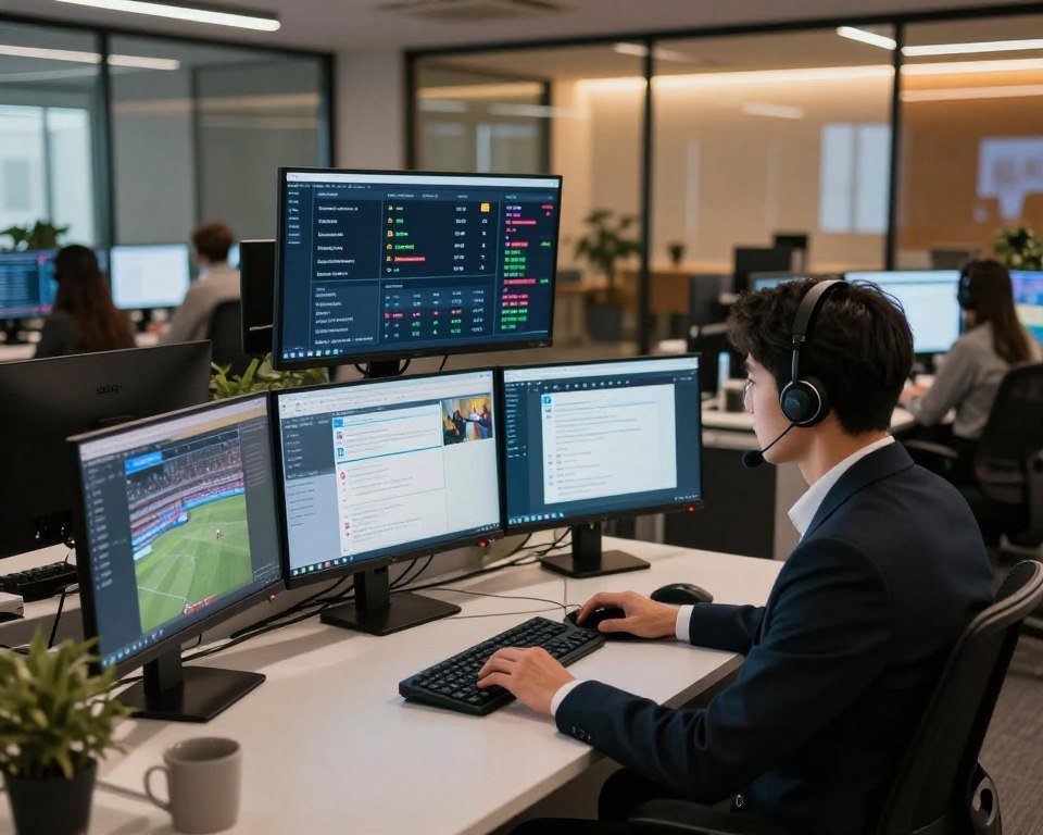 A modern office environment depicting a dedicated 24/7 customer support service for IPTV sports streaming. In the foreground, a focused support agent, dressed in professional business attire, sits at a sleek desk cluttered with multiple monitors displaying live sports feeds and chat windows. The middle layer features a digital dashboard showcasing statistics and metrics related to customer inquiries and support response times. In the background, a vibrant office with glass walls, illuminated by soft, warm lighting, creating a welcoming yet efficient atmosphere. The scene captures a blend of technology and professionalism, emphasizing the importance of customer service in the fast-paced world of live sports streaming. The camera angle is slightly elevated, providing a comprehensive view of the bustling office.