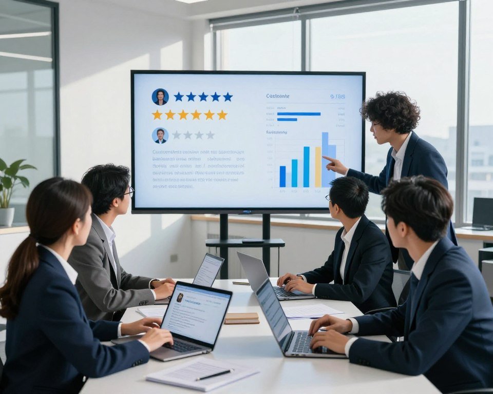 A modern office environment focused on customer reviews assessment. In the foreground, a diverse group of four professionals analyzes feedback on tablets and laptops, dressed in smart business attire. The middle ground features a large screen displaying positive and negative customer ratings, star ratings, and visual graphs, symbolizing customer insights. The background consists of a sleek, minimalist office with large windows allowing natural light to flood the space, casting soft shadows. The mood is serious yet collaborative, with a color palette of blues and whites to evoke a sense of trust and professionalism. The camera angle is slightly elevated, capturing the dynamic interaction among the team as they discuss key safety indicators and review summaries.