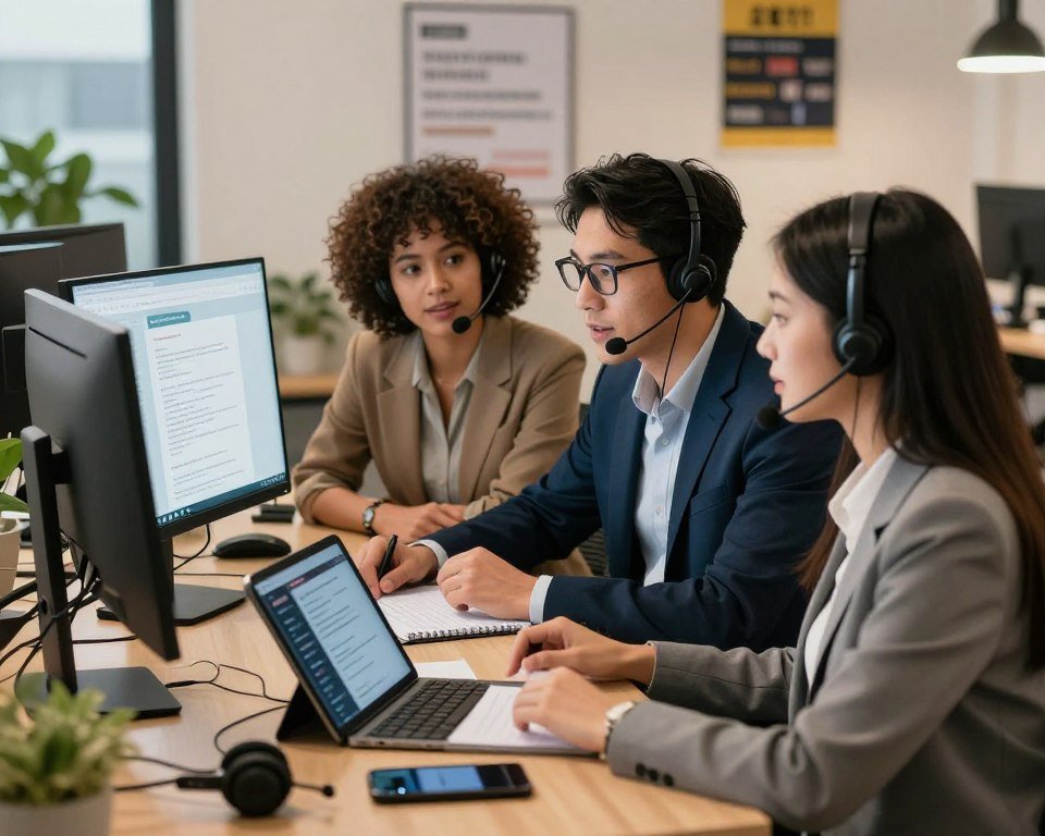 A modern office environment focused on customer support troubleshooting. In the foreground, a diverse group of three professional individuals (a woman with curly hair, a man with glasses, and a woman with long straight hair) in business attire are engaged in a discussion around a computer. They're surrounded by various technical gadgets like a headset, smartphone, and a tablet displaying a troubleshooting interface. The middle ground features a desk with a computer monitor, showcasing a customer support webpage and a notepad with troubleshooting tips. In the background, a soft-lit office space with green plants and motivational posters creates a welcoming atmosphere. The lighting is bright yet warm, giving a professional yet inviting mood, captured with a slight depth of field effect to emphasize the support team.
