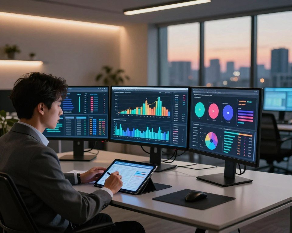 A modern office environment with a sleek desk featuring multiple monitors displaying colorful graphs and analytics dashboards related to streaming performance analysis. In the foreground, a focused professional in business attire is analyzing data on one screen, taking notes on a digital tablet. The middle ground showcases the glowing screens filled with dynamic charts, including metrics such as bandwidth usage and viewer engagement trends. The background is softly lit with minimalist decor and large windows revealing a city skyline at dusk, casting a warm ambient glow throughout the room. The overall mood is one of concentration and high-tech sophistication, emphasizing the importance of detailed analysis in the IPTV streaming industry.