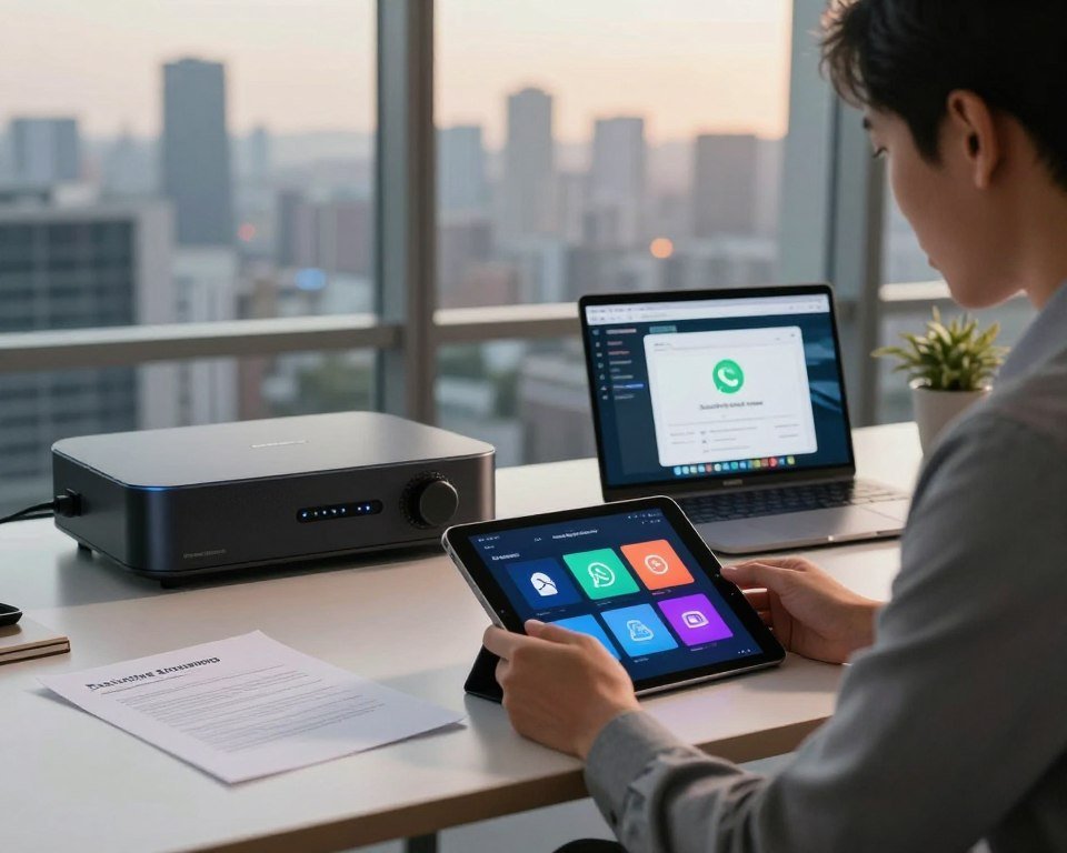 A modern office setting featuring a sleek desk with streaming devices and contracts highlighting exclusive streaming deals. In the foreground, a professional in business attire examines a digital tablet loaded with vibrant graphics of streaming plans. The middle ground showcases a laptop with open communication apps indicating quick WhatsApp support. The background is a large window with a view of a city skyline, suggesting innovation and connectivity. Soft, warm lighting fills the room, creating an inviting and focused atmosphere. The lens capture is slightly angled to emphasize the desk's details and the professional's engagement with the technology. The overall mood reflects reliability, efficiency, and a forward-thinking approach to streaming solutions.