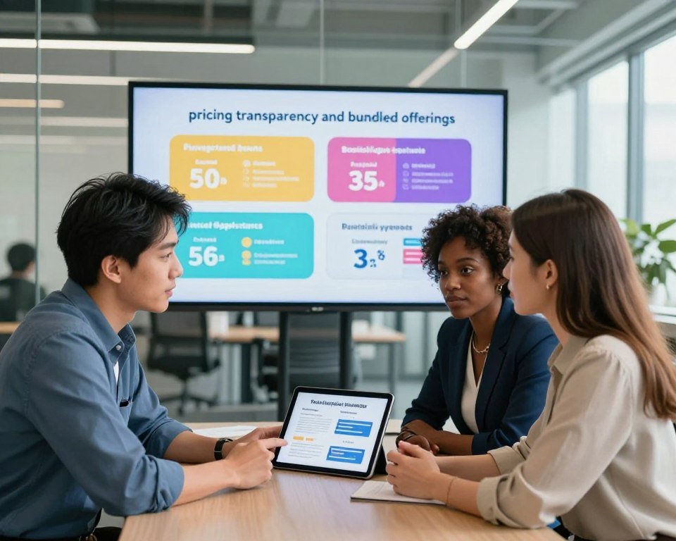 A modern office setting showcasing "pricing transparency and bundled offerings" in the foreground. A diverse group of three professionals dressed in smart casual attire—an Asian man, a Black woman, and a Caucasian woman—are engaged in a thoughtful discussion around a digital tablet displaying various subscription packages. In the middle ground, a large screen shows colorful infographics illustrating pricing structures and bundle options with clear, bold visuals. The background features a sleek office environment with glass walls and natural light streaming in, creating a bright and productive atmosphere. Use soft, diffused lighting to enhance clarity and focus on the interaction, with a slightly elevated angle to capture the collaborative spirit of the scene, evoking a sense of transparency and teamwork.
