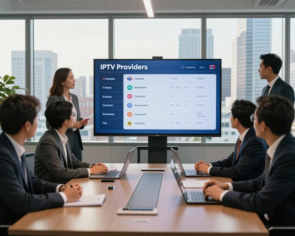 A modern office setting with a sleek conference table at the forefront, surrounded by professionals in business attire engaged in a lively discussion about IPTV providers. In the middle ground, a large digital screen displays a visually appealing comparison chart highlighting different licensed streaming services available in Canada, featuring their logos and channel options. The background showcases a large window with a view of a city skyline under bright daylight, casting a warm, inviting glow into the room. The atmosphere is vibrant and energetic, reflecting a sense of collaboration and analysis. The composition is well-lit, emphasizing the details in the professionals' expressions and the informative screen.