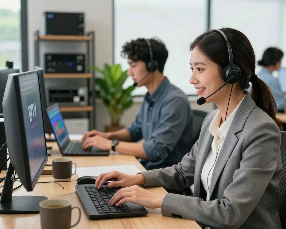 A modern, professional office environment dedicated to customer support, featuring a diverse team of customer service representatives engaged in assisting clients. In the foreground, a friendly female representative in business attire is on a headset, smiling as she interacts with a customer on her computer. In the middle ground, a male colleague is typing on a laptop, displaying a screen with IPTV content. The background shows shelves with organized tech equipment and a vibrant green plant, adding warmth to the scene. Soft, natural light filters in through large windows, creating a calm atmosphere. The image captures a sense of collaboration and dedication to high-quality service, emphasizing the importance of customer support in the IPTV experience.