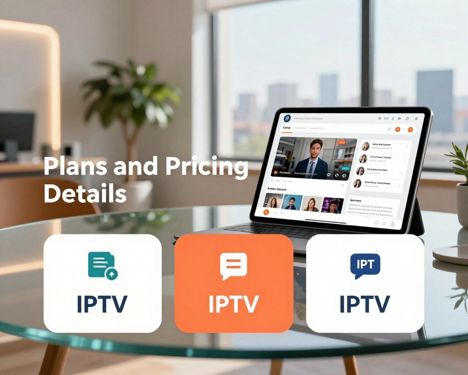 A modern, professional setting showcasing a clear, visually appealing layout for "Plans and Pricing Details." In the foreground, there are sleek, minimalist price cards displaying various subscription tiers in vibrant colors, with icons representative of IPTV features. In the middle, a glass table holds a tablet showcasing a user-friendly interface with streaming options and customer reviews. The background includes soft-focus elements like a stylish office with warm lighting, a large window providing a view of the city skyline, and a potted plant for an inviting atmosphere. Use natural daylight to create a bright, clean look that conveys a sense of professionalism and trustworthiness. The overall mood should feel informative and engaging, perfect for potential customers considering IPTV.