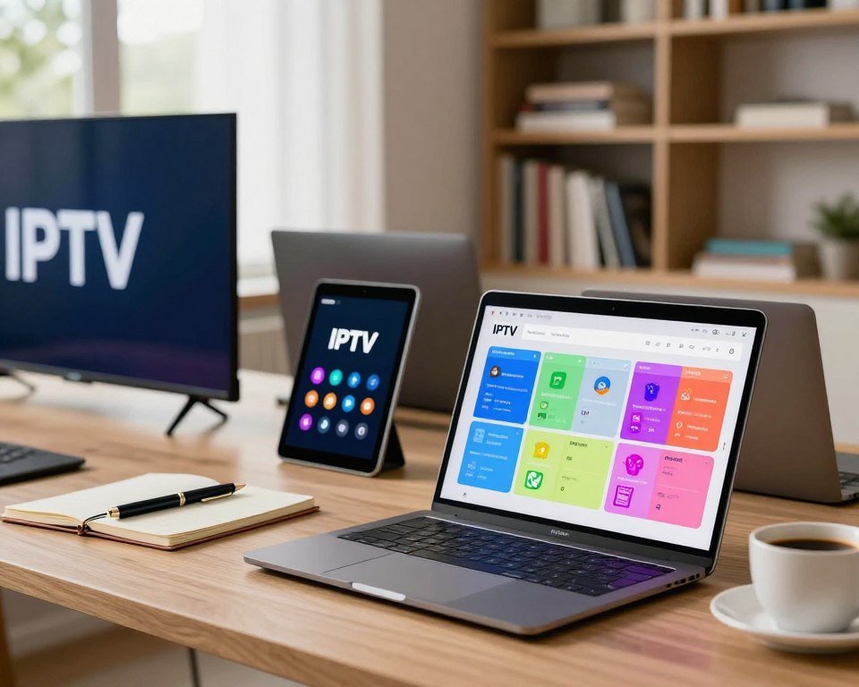 A modern, serene workspace showcasing a detailed review of leading IPTV services. In the foreground, a sleek laptop displays a colorful comparison chart of IPTV providers, with vibrant icons representing different services. Beside it, there are digital devices like a smart TV and a tablet, suggesting versatility. In the middle ground, an organized desk with a notepad, stylish pen, and a cup of coffee creates a cozy atmosphere. The background features a blurred bookshelf filled with tech books, emphasizing a professional environment. Soft, natural lighting from a window bathes the scene, creating an inviting mood. The angle captures a dynamic perspective, highlighting the tech-focused aesthetic while maintaining a clear focus on the IPTV review theme.