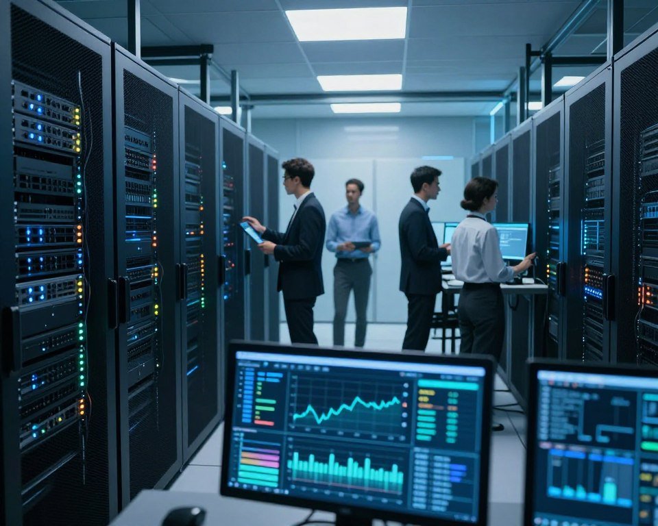 A modern server room featuring racks of high-performance servers, each with blinking status lights indicating optimal uptime. In the foreground, a close-up of server performance metrics displayed on a sleek digital dashboard with graphs showcasing reliability statistics. The middle ground features IT professionals in professional business attire, actively monitoring equipment and discussing performance, creating a collaborative atmosphere. The background shows a bright and clean server facility bathed in soft blue lighting, emphasizing a high-tech and efficient environment. A wide-angle perspective enhances the spaciousness, while the overall mood conveys confidence and security in seamless streaming performance. No text or overlays present.