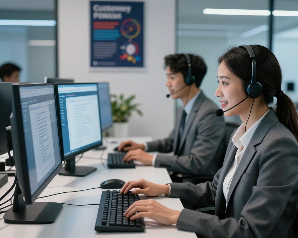 A modern, sleek customer support center, prominently featuring a diverse team of three professionals in business attire, focused on their computers, providing 24/7 assistance to clients. The foreground showcases an attentive female representative with a headset, assisting a caller while smiling. In the middle ground, a male support agent reviews customer tickets on a large monitor, while a third team member is engaging with a chat software interface. The background displays a vibrant office space with motivational posters related to customer support and technical assistance, illuminated by soft, cool white lighting for a tech-savvy atmosphere. The scene captures warmth and professionalism, emphasizing teamwork and dedication, with a slight depth of field to create a sense of focus on the agents.