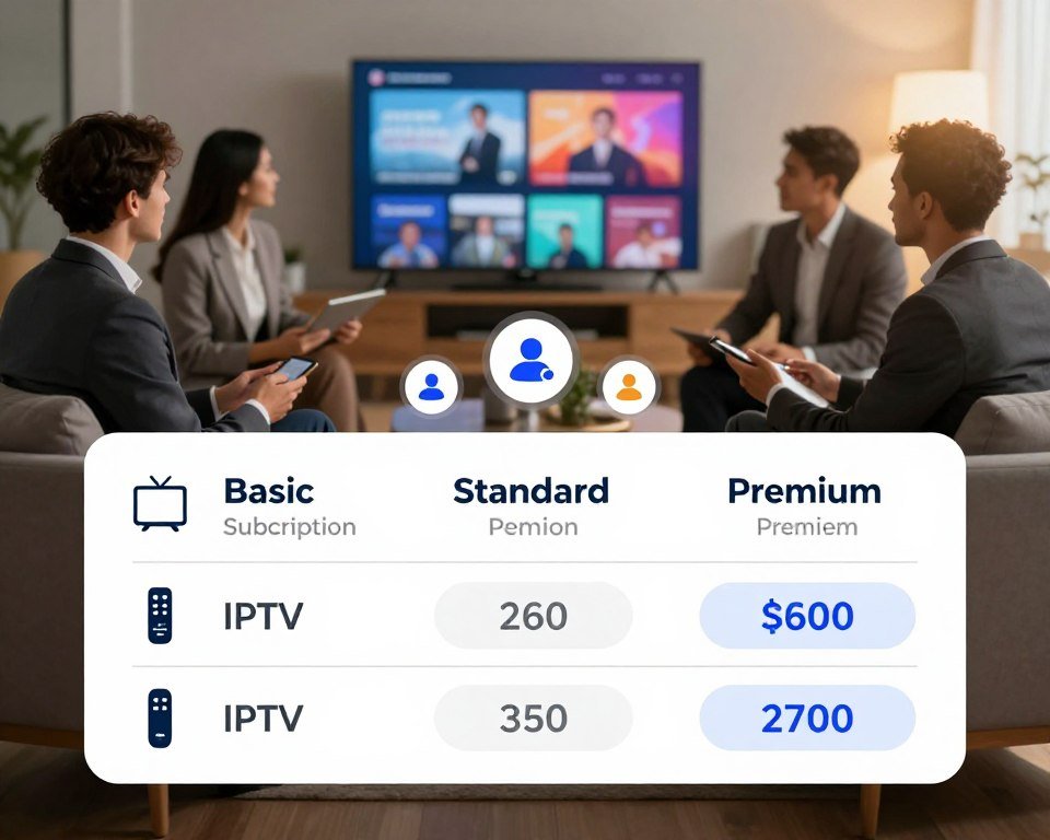 A modern, sleek design showcasing various subscription plans and pricing options for IPTV services. In the foreground, display a neatly organized table or infographic with three distinct plan tiers: Basic, Standard, and Premium, each with representative icons (like a TV or remote) and transparent pricing details. The middle ground features elements such as customer support icons and a diverse group of professionals (in business attire) discussing the plans, exuding confidence and satisfaction. In the background, include a soft-focus, abstract depiction of a living room with a large flat-screen TV displaying vibrant streaming content. The lighting is warm and inviting, creating a professional yet approachable atmosphere, with a slight lens flare to suggest innovation and technology.
