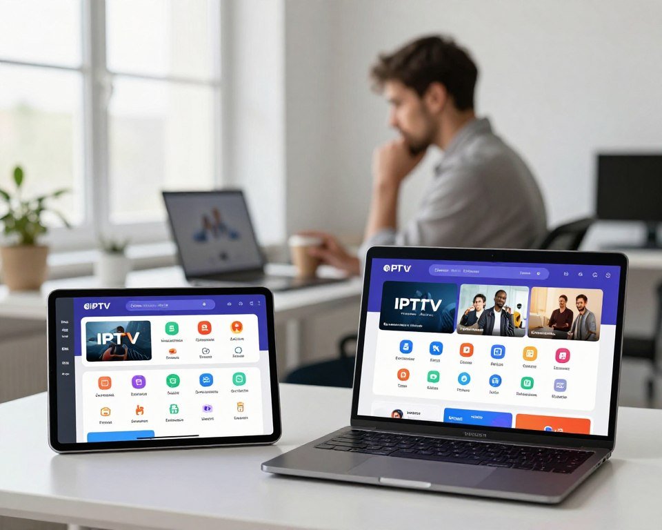 A modern, sleek digital display showcasing diverse subscription options for an IPTV service. In the foreground, a tablet and a laptop sit side by side, each displaying dynamic pricing tables with icons representing various channels and features. The middle ground features a stylish office setting with a soft-focus view of a professional wearing business casual attire, thoughtfully analyzing the pricing on-screen. The background is a well-lit, minimalist workspace with soft natural lighting filtering through a large window, creating an inviting atmosphere. The scene is captured from a slightly angled viewpoint, emphasizing the technology and the thoughtful interaction with the subscription options. Overall, the mood is engaging and informative, perfect for illustrating the theme of pricing and subscription flexibility.