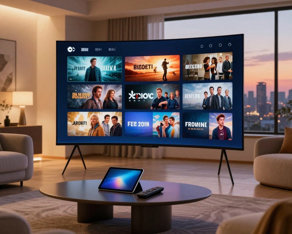 A modern, sleek digital streaming content library scene, showcasing a vibrant collection of high-resolution thumbnail images representing various genres like movies, series, and documentaries. In the foreground, a stylish, minimalist interface displayed on a large, curved screen with a glowing blue accent. The middle layer features an attractive coffee table with a tablet and remote control, surrounded by plush seating, all in a cozy living room setting. The background is softly illuminated with warm, ambient lighting, and large windows reveal a city skyline during sunset, adding to the inviting atmosphere. The image conveys a sense of high-quality streaming, comfort, and an extensive array of entertainment options.