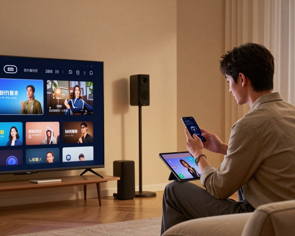 A modern, sleek home entertainment setup showcasing a reliable streaming service. In the foreground, a stylish flat-screen television displays vibrant streaming content, with various entertainment icons subtly rendered on the screen. A cozy living room scene surrounds it, featuring a high-quality sound system and plush furniture, evoking a welcoming atmosphere. In the middle, a professional individual, dressed in smart casual attire, confidently engages with a smartphone or tablet, exemplifying ease of use and trust. The background features soft, ambient lighting that enhances the room's warmth, creating a relaxed yet sophisticated mood. The entire composition should convey a sense of reliability, comfort, and modern technology in home entertainment.