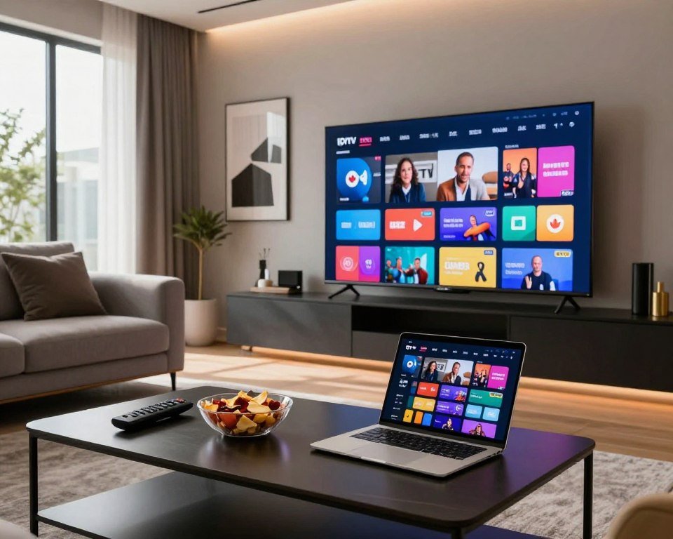 A modern, sleek living room designed for entertainment, featuring a large flat-screen TV displaying vibrant IPTV channels. In the foreground, a stylish coffee table with a remote control, snacks, and a laptop open to a streaming service interface. The middle showcases comfortable seating—a stylish couch with cushions, brightly lit by natural light streaming through a large window, creating a welcoming atmosphere. In the background, soft ambient lighting and decorative wall art convey a sense of modernity and comfort. The scene invites viewers to experience the joy of watching live TV online in Canada, evoking a mood of relaxation and excitement, with a focus on family or friends enjoying their time together.