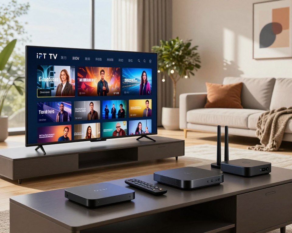 A modern, sleek living room setting showcasing advanced IPTV technology. In the foreground, a high-definition smart TV displays vibrant streaming content, reflecting dynamic colors and intricate details. Surrounding the TV, a stylish media console houses various IPTV gadgets—streaming devices, remote controls, and signal boosters—all exuding a sense of reliability and innovation. The middle ground features a comfortable sofa with a cozy throw, inviting viewers to relax while enjoying seamless live TV streaming. Natural light floods the room through large windows, casting soft shadows and enhancing the atmosphere of comfort and security. In the background, tasteful decor, including plants and framed art, adds warmth and sophistication to the space, reinforcing the theme of reliable and secure IPTV technology.