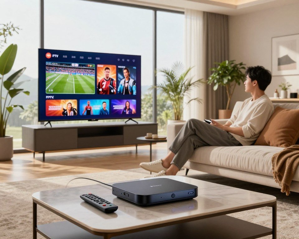 A modern, sleek living room setting that embodies cutting-edge IPTV technology. In the foreground, a stylish coffee table holds a high-tech streaming device and a remote control. A large flat-screen TV on the wall displays vibrant visuals of diverse programming, showcasing live sports, movies, and TV shows. The middle ground features an elegantly designed sofa with plush cushions, where a casually dressed individual gazes at the screen, immersed in content. The background highlights large windows with daylight streaming in, creating a bright and inviting atmosphere. The room is adorned with potted plants and contemporary decor. The overall mood is warm and welcoming, reflecting the convenience and reliability of IPTV services. Soft, natural lighting enhances the scene for a cozy yet tech-savvy ambiance.
