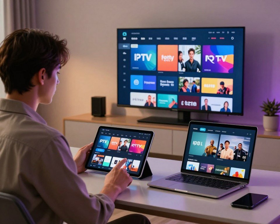 A modern, sleek workspace featuring multiple high-tech devices displaying IPTV interfaces. In the foreground, a professional individual, dressed in smart casual attire, is intently evaluating the features on a tablet and laptop, showcasing the IPTV apps. The middle ground shows a large monitor on the wall, displaying various IPTV channels and features in a user-friendly interface, illuminated with vibrant colors. In the background, a wall-mounted smart TV is streaming content, emphasizing the multi-device capability in a cozy home environment with soft ambient lighting. The atmosphere is focused and engaging, capturing the essence of evaluating IPTV features seamlessly across different platforms.