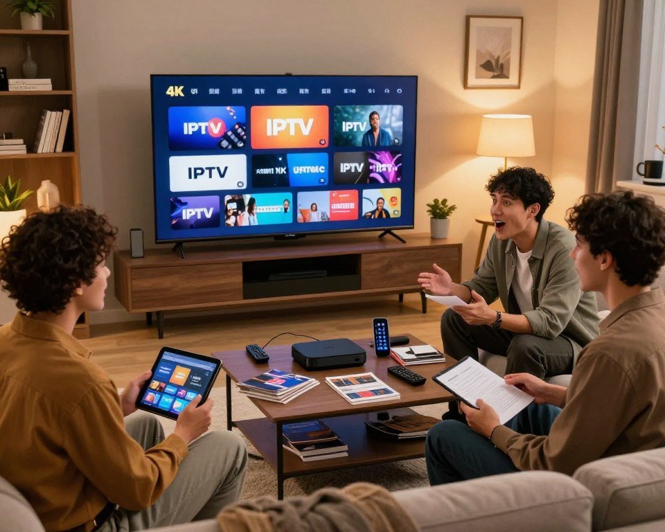 A modern, stylish living room featuring a sleek, large-screen television displaying various IPTV channels in stunning 4K resolution. In the foreground, a diverse group of three people, dressed in smart casual attire, are engaged in a discussion about IPTV options, holding tablets and notes with excited expressions. The middle ground showcases a coffee table cluttered with brochures and devices like streaming boxes and smart remotes. The background features a cozy bookshelf and tasteful decor, with warm, ambient lighting creating an inviting atmosphere. Use a wide-angle lens to capture the scene's depth, emphasizing a sense of collaboration and discovery in the world of TV streaming.
