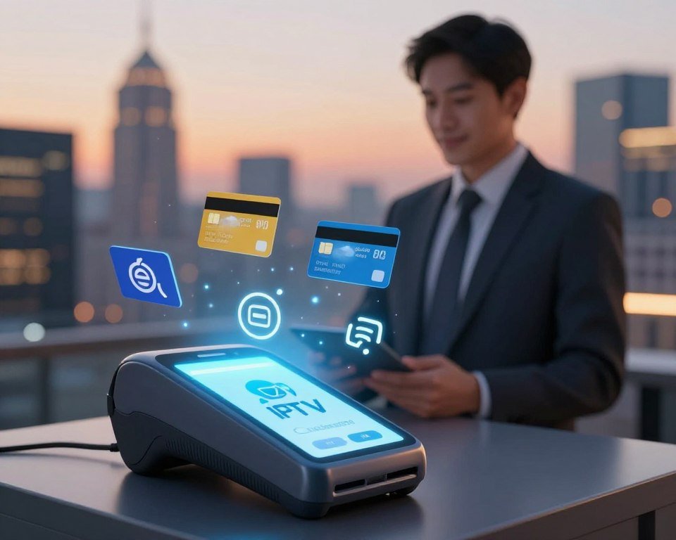A modern, visually appealing illustration of secure payment methods for IPTV subscriptions. In the foreground, show a sleek digital payment terminal with a glowing screen, securely processing transactions. Surround it with symbols of various digital payment options like credit cards, digital wallets, and mobile payment icons, all meticulously detailed. In the middle ground, depict a confident professional dressed in business attire, engaged in the transaction, conveying trust and reliability. The background should feature a soft-focus city skyline at dusk, with warm lighting creating an inviting atmosphere. Use a high-resolution lens effect to emphasize clarity and give a polished, professional look to the scene, ensuring the overall mood reflects safety and convenience in payment methods.
