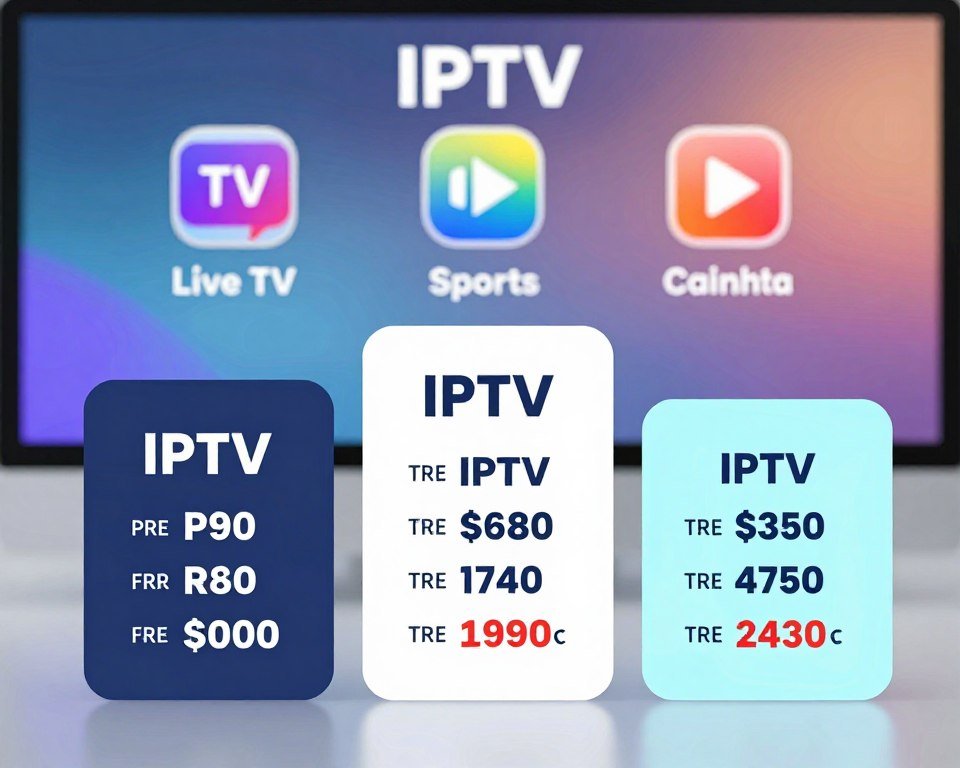 A modern, visually appealing infographic showcasing IPTV pricing plans and packages in Canada. The foreground features three distinct pricing tiers displayed on sleek, interconnected cards, each highlighting features like channels, prices, and streaming quality. The middle ground includes icons for live TV, sports, and popular channels, providing visual context. In the background, a subtle, tech-inspired gradient suggests a digital environment, enhancing the modern feel. The lighting is bright and clean, creating an engaging atmosphere, while the image is framed with a slight depth of field for focus on the pricing details. The overall mood is professional, informative, and inviting, aimed to attract viewers interested in IPTV subscriptions.