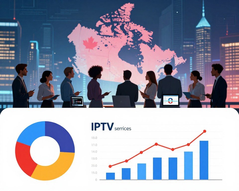 A modern, visually engaging infographic illustrating the Canadian IPTV market trends. In the foreground, showcase a stylized pie chart and line graphs that highlight key statistics and growth trends. The middle layer features a silhouette of a diverse group of professionals in business attire, discussing IPTV services, with a laptop and tablet displaying various streaming platforms. In the background, a large digital screen emulates a city skyline, representing Canada's tech landscape, subtly infused with maple leaf motifs. Use bright, vibrant colors to convey innovation and growth, with soft, professional lighting to ensure a polished look. The atmosphere should evoke a sense of progress and opportunity in the IPTV landscape in Canada.
