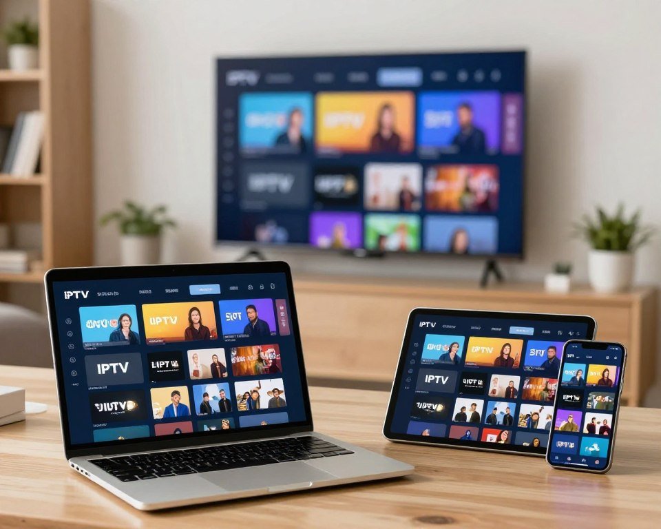A modern workspace featuring a variety of devices illustrating compatibility for streaming services. In the foreground, a sleek laptop displays an IPTV interface, while beside it, a tablet and smartphone show the same channel streaming seamlessly. The middle ground features a smart TV mounted on the wall, also showcasing the IPTV service, reflecting diverse device compatibility. The background includes subtle elements like bookshelves and plants that evoke a cozy yet professional atmosphere. The lighting is bright and inviting, suggesting a well-lit room during the day with soft shadows. The angle is slightly above eye level, capturing all devices clearly while ensuring a harmonious layout. The overall mood conveys accessibility and convenience in enjoying live TV across multiple platforms.