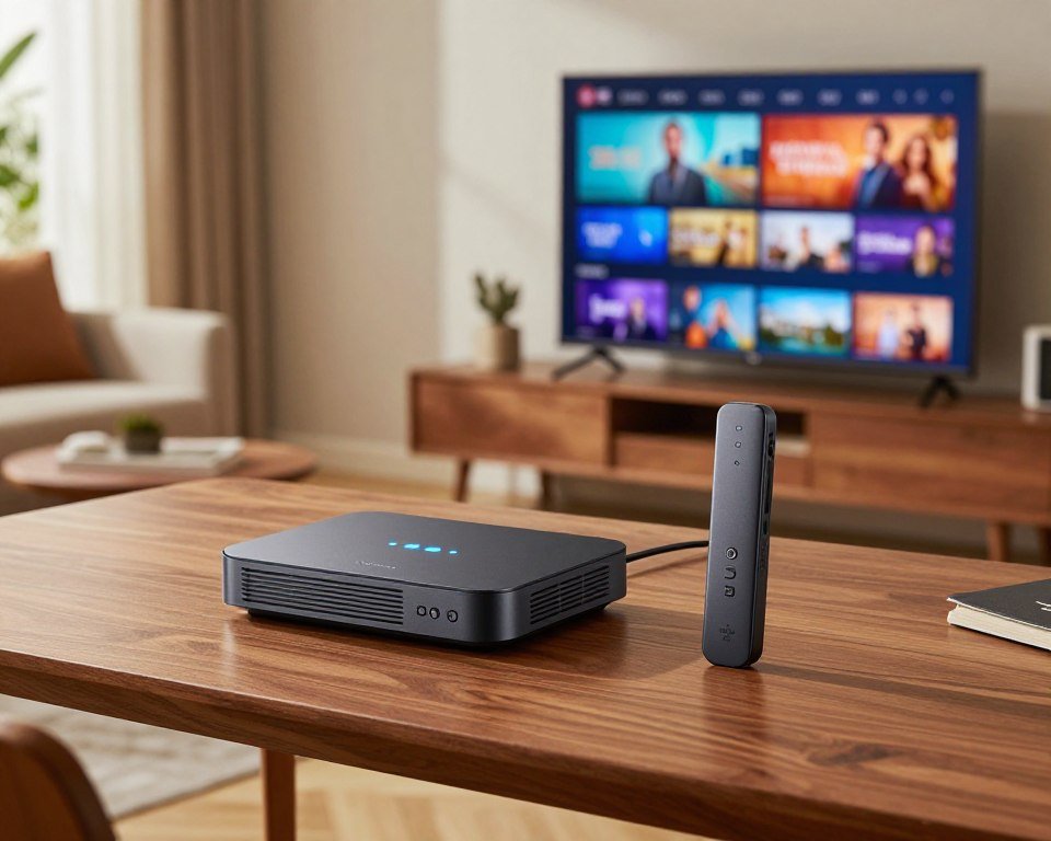 A modern workspace featuring various IPTV streaming devices prominently displayed on a sleek wooden desk. In the foreground, a versatile streaming box with illuminated LED indicators sits next to a compact stick-style device, showcasing their designs. In the middle ground, an advanced smart TV showcases vibrant on-screen content, indicating high-resolution streaming capabilities. The background reveals a cozy living room setting with comfortable furniture and soft natural light filtering through a window, creating a warm and inviting atmosphere. The image should be well-lit, highlighting the devices, with a focus on clean lines and a contemporary aesthetic, capturing the essence of choosing the right hardware for seamless IPTV streaming.