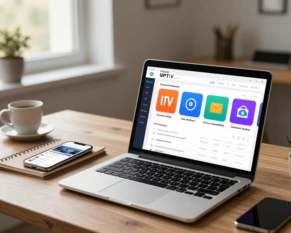 A modern workspace showcasing key features of streaming services. In the foreground, a sleek laptop displaying a comparison chart of various IPTV providers with vibrant icons representing features like "Content Library," "User Interface," "Device Compatibility," and "Customer Support." To the side, a smartphone with a user-friendly app interface visible. The middle space features a stylish desk with a notepad and a coffee cup, radiating a productive vibe. In the background, a window with natural light illuminating the room, creating a warm and inviting atmosphere. The overall mood is professional and analytical, encouraging viewers to consider their streaming options. Soft focus on the background to emphasize the foreground elements, with a slight lens blur for depth.