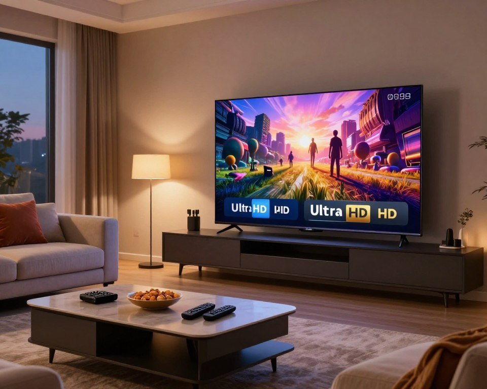 A panoramic living room scene featuring a sleek, modern home entertainment setup with a large Ultra HD television displaying vibrant, high-resolution visuals. In the foreground, a stylish coffee table with remote controls and snacks is tastefully arranged. In the middle, a cozy sofa adorned with plush cushions invites viewers to experience the ultimate watching comfort. The background shows warm ambient lighting with soft tones, creating an inviting atmosphere. A window reveals a tranquil evening outside, hinting at a relaxing home environment. The focus is on the sharp details of the television screen, emphasizing the clarity and richness of Ultra HD quality. The image conveys a sense of luxury and comfort, perfect for appreciating the benefits of advanced IPTV subscriptions.
