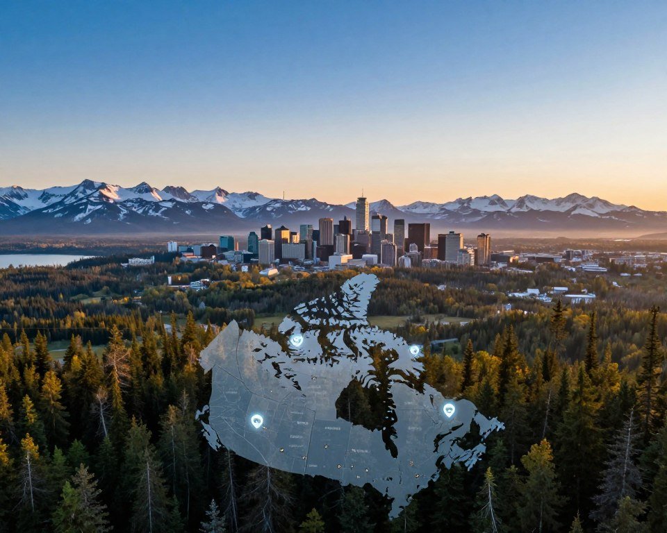 A panoramic view of Canada showcasing its vast geography, highlighting diverse landscapes from snow-capped mountains and lush forests in the foreground to modern cities with distinct skylines in the middle. In the background, a clear blue sky reflects the ethereal beauty of a sunrise, symbolizing new opportunities for streaming live TV and movies. In the foreground, a digital map overlay subtly indicates various regions of coverage across Canada, represented with glowing icons displaying streaming services. The lighting is warm and inviting, casting a soft glow on the landscapes. The scene conveys a sense of freedom and accessibility, inviting viewers to imagine streaming entertainment effortlessly, anytime and anywhere. The angle is slightly elevated to capture the grandeur of the Canadian terrain and the idea of expansive network coverage.