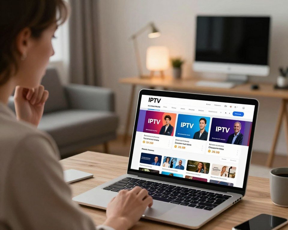 A polished and modern display showcasing flexible IPTV subscription plans in Canada. In the foreground, an open laptop with a vibrant screen showing a user-friendly interface of different IPTV packages, highlighting features like channels and pricing options. To the left, a thoughtful business professional in smart casual attire looks at the laptop, engaged in exploring options. The middle background features stylish, minimalist furniture and a neatly organized workspace. Soft, ambient lighting enhances the welcoming atmosphere. The overall mood is informative and inviting, aimed at potential subscribers looking to stream live television. A focus on technology and choice radiates throughout the scene, presenting IPTV as an accessible and appealing solution.