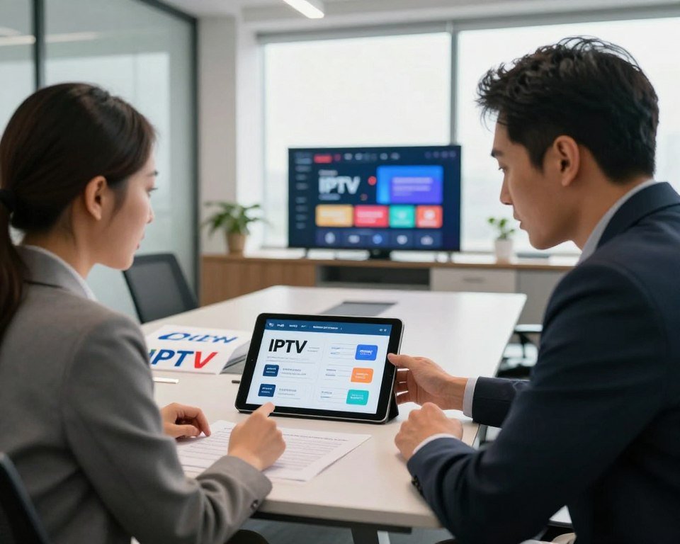 A polished office setting focusing on two professionals comparing IPTV services on a sleek tablet. In the foreground, a man and a woman in business attire are attentively analyzing IPTV service charts and infographics displayed on the screen, with expressions of curiosity and engagement. The middle ground features a modern conference table with documents, colorful IPTV logos, and a digital screen showcasing streaming options. In the background, large windows allow soft natural light to flood the space, casting a warm glow across the room. The atmosphere is collaborative and thoughtful, evoking a sense of innovation and professional discussion about top Canadian IPTV providers. The perspective captures the dynamics of modern business in a clear and interesting way.