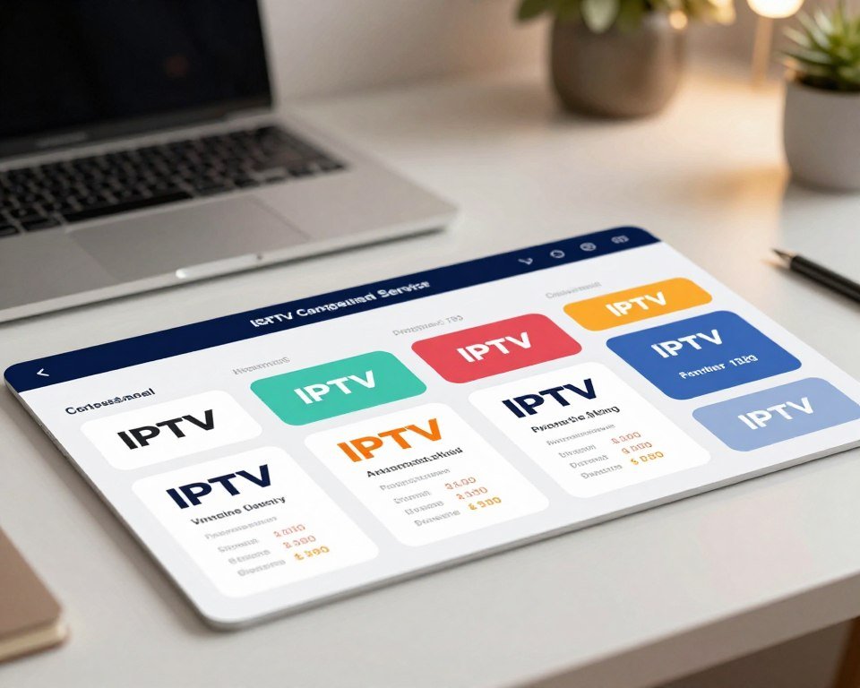 A professional IPTV service comparison chart set against a clean, minimalist desk environment. In the foreground, various IPTV service logos are displayed in rectangular boxes, each showcasing service names and basic features such as channel variety, pricing, and customer ratings. The middle features a sleek, well-organized layout with color-coded sections for easy comprehension. In the background, a subtle bokeh effect creates a warm, inviting atmosphere with soft lighting illuminating the scene, suggesting professionalism and reliability. The perspective is slightly elevated, giving a comprehensive view of the chart while maintaining focus on the details. The overall mood is informative and engaging, emphasizing trust and clarity.