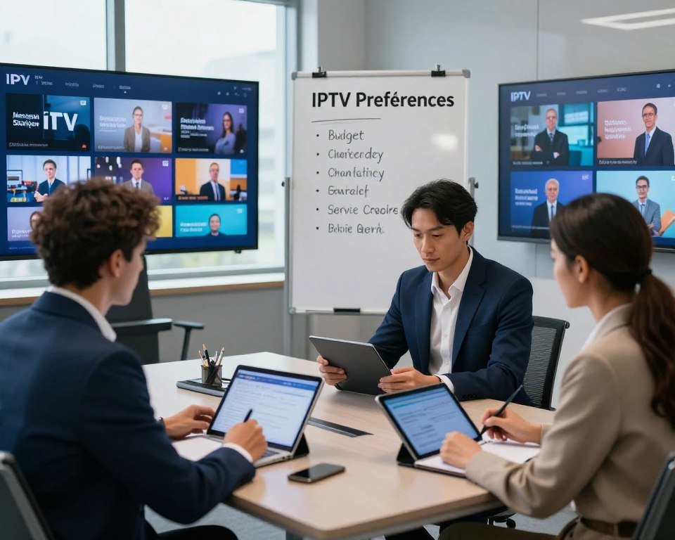 A professional and modern office setting filled with various digital screens displaying different IPTV content options. In the foreground, a diverse group of three individuals, one man and two women, is seated around a sleek conference table, each taking notes on tablets while analyzing IPTV service comparisons. The man is wearing a tailored navy suit, while the women are dressed in smart casual attire, showcasing professionalism. Soft, natural lighting filters through large windows in the background, highlighting the high-tech ambiance. In the middle ground, a large whiteboard lists key criteria for assessing IPTV preferences like budget, channel variety, and service quality, further emphasizing collaboration. The image conveys a mood of focused discussion and teamwork, illustrating the process of determining individual IPTV needs.