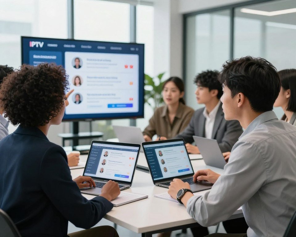 A professional and modern workspace scene depicting a group of diverse individuals observing a digital interface showcasing user experience testimonials for a reliable IPTV service. In the foreground, two professionals, one Black woman in smart business attire and one Asian man in a stylish, modest shirt, are deeply engaged in discussion, pointing at a large screen filled with positive user feedback and ratings. In the middle ground, additional team members are seated around a conference table, analyzing data on tablets and laptops. The background features a bright office with large windows, allowing natural light to filter in, creating an inviting atmosphere. The composition should have a shallow depth of field to emphasize the discussing individuals while softly blurring the background, enhancing focus on the collaboration and engagement around user experience.