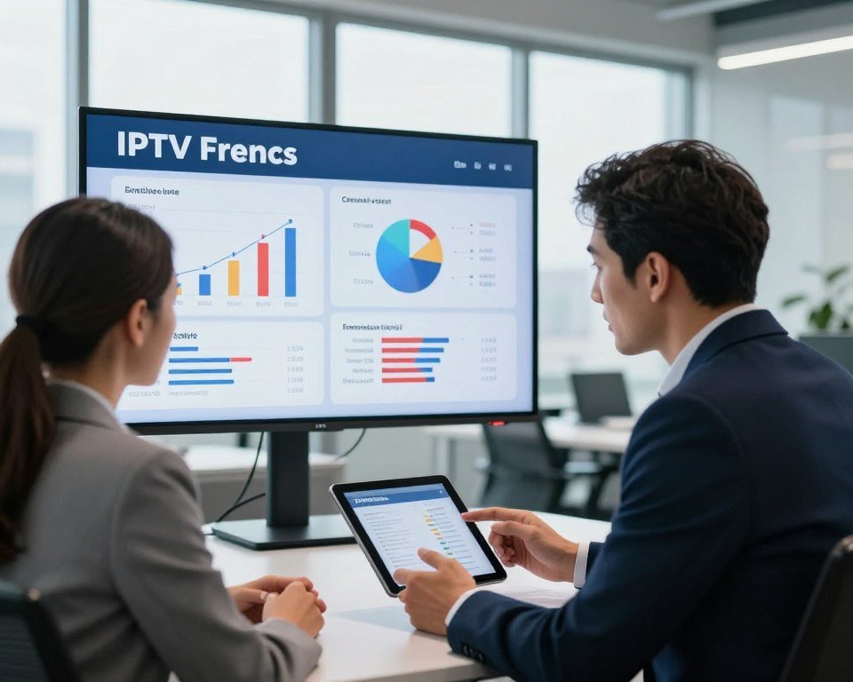 A professional and sleek office environment representing an in-depth provider comparison for IPTV French channels in Canada. In the foreground, two business professionals, a male and a female, are engaged in a discussion while analyzing data on a tablet. They are dressed in smart business attire, reflecting a serious yet collaborative atmosphere. In the middle ground, a large display screen showcases comparative charts and graphs illustrating various IPTV providers and their features, such as channel variety and pricing. The background features a modern office setup with large windows letting in natural light, softening the mood and creating a welcoming environment. The overall lighting is bright and professional, emphasizing clarity and focus, while the angle captures the dynamic interaction between the professionals.