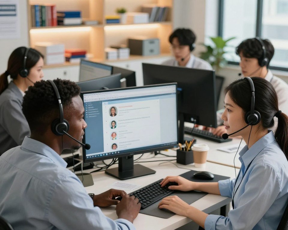 A professional call center setting depicting a diverse group of support agents actively assisting customers. In the foreground, two agents, one Black and one Asian, are focused on their headsets, conveying attentiveness and professionalism. In the middle, an array of computer monitors displays customer inquiries and feedback in real time, showcasing 24/7 service. The background features a softly lit office space with shelves of company tools and resources. The lighting is bright yet warm, creating an inviting and reliable environment. The atmosphere is busy but organized, reflecting a strong sense of commitment to customer satisfaction. Use a wide-angle lens to capture the depth of the scene, emphasizing both the team dynamic and the supportive ambiance.