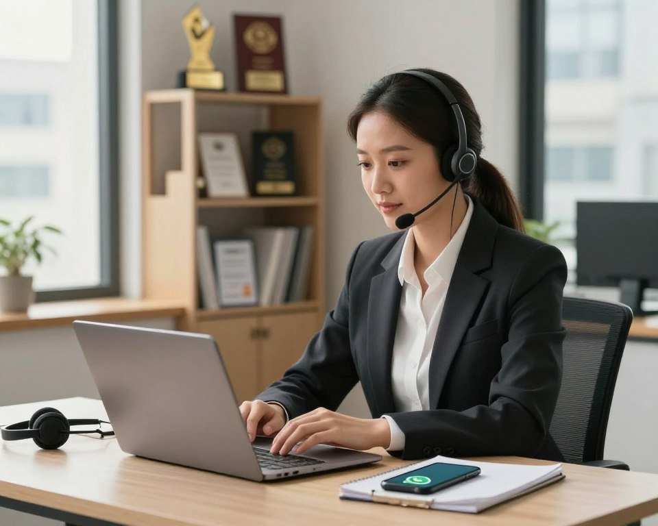 A professional customer support representative, dressed in smart business attire, sits at a modern desk, attentively engaging with a customer through a laptop. The foreground features a neatly organized workspace with a headset, notepad, and smartphone displaying WhatsApp. In the middle background, shelves lined with awards and support resources create a sense of expertise. Soft, natural lighting illuminates the scene, casting a warm glow that conveys approachability and reliability. Through the window, a glimpse of a cityscape adds context, emphasizing the connection to a vibrant community. The atmosphere is calm and reassuring, ideal for depicting dependable customer service.