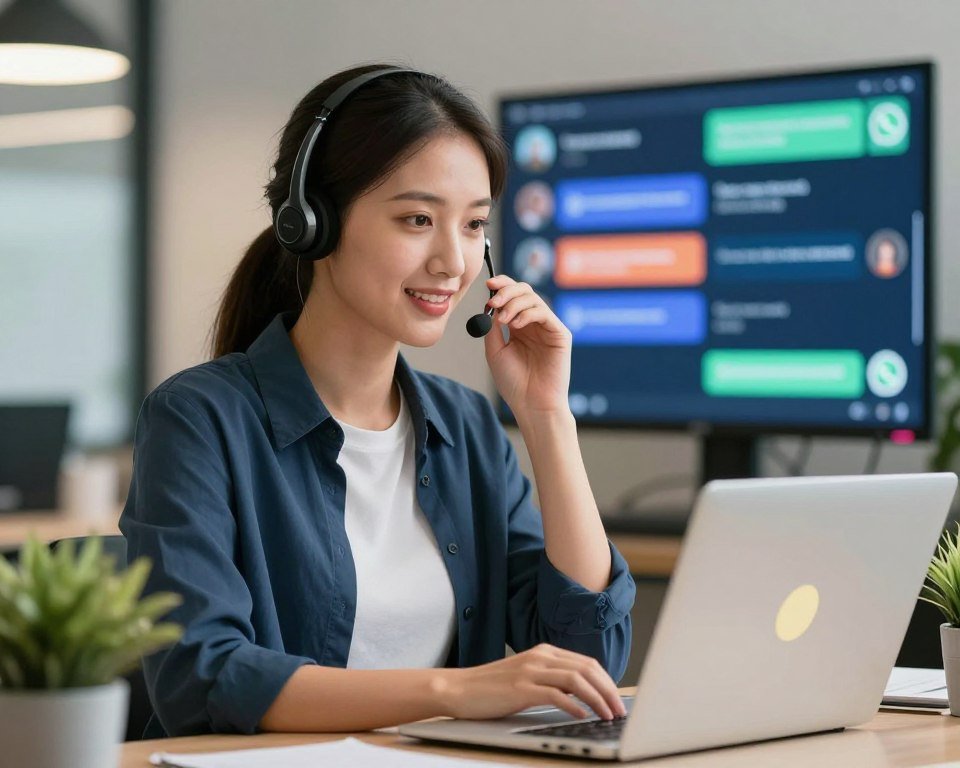 A professional customer support representative in a modern office setting, wearing smart casual attire, engaged in a conversation on a headset, with a laptop open and customer service tools visible on the screen. In the background, a vibrant digital display shows live chat interactions and WhatsApp messages. The lighting is bright and warm, creating an inviting atmosphere, focusing on the representative's attentive expression. The scene captures a sense of urgency and professionalism, with soft bokeh effects behind the representative to emphasize the foreground action. A few potted plants add a touch of greenery, enhancing the welcoming environment. The overall mood is supportive and proactive, showcasing the essence of 24/7 customer assistance.