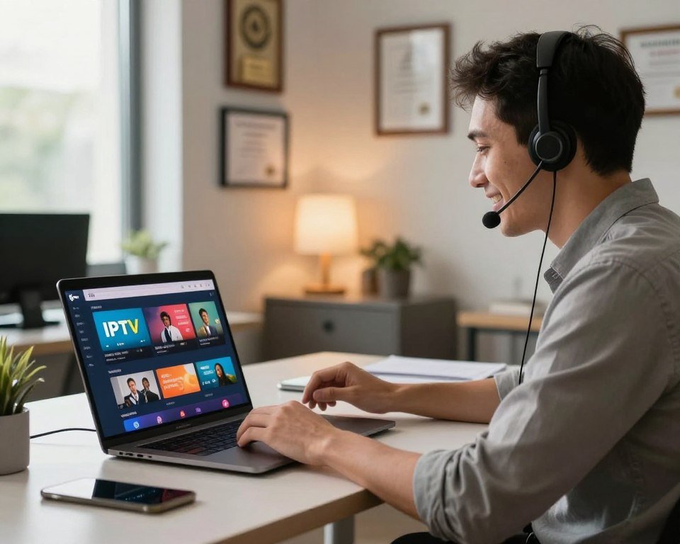 A professional customer support representative sitting at a modern desk, smiling and actively engaging with a digital device displaying an IPTV streaming interface. In the foreground, a sleek laptop screen shows an intuitive, user-friendly IPTV service. The middle background features a cozy, well-lit office environment with framed awards and certificates on the walls, symbolizing reliability and expertise. Soft natural light pours in from a window, casting a warm, inviting glow across the scene. The representative, dressed in smart casual attire, conveys a friendly and approachable demeanor. The atmosphere is one of trust and professionalism, emphasizing a commitment to outstanding customer support.