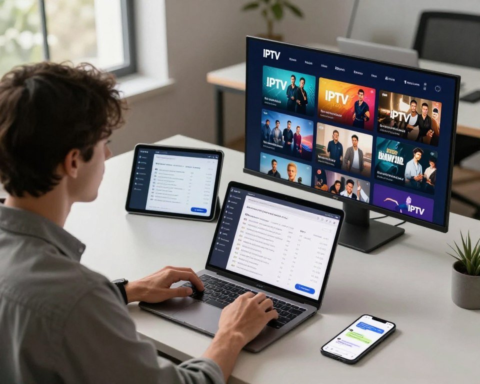 A professional-looking individual sits at a sleek modern desk, thoughtfully selecting between various IPTV service options displayed on multiple screens. The foreground features a laptop showing a comparison chart of IPTV providers and vibrant thumbnails of popular streaming content. In the middle, a stylish tablet showcases user reviews and ratings, while a smartphone displays a messaging app with discussions about recommendations. The background reveals a minimalist office environment with soft natural lighting streaming through a large window, creating a warm and inviting atmosphere. Capture this scene from a slightly elevated angle to emphasize the decision-making process, evoking a mood of diligence and focus in choosing the best IPTV provider.