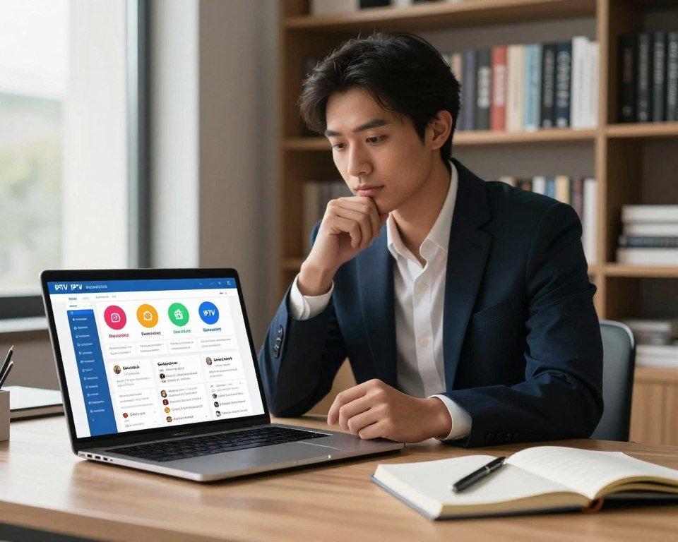 A professional-looking workspace showcasing a modern guide to selecting an IPTV provider. In the foreground, a neatly arranged desk with a laptop open to a comparison table of IPTV services, colorful icons representing various channels alongside user reviews. A stylish notebook with a pen sits beside it. In the middle ground, a confident individual in smart business attire studies the information with a thoughtful expression, illuminated by soft, natural light from a nearby window. The background features a sleek bookshelf filled with technology and media resources, adding depth. The overall mood is informative and focused, evoking a sense of expertise and decision-making for potential IPTV customers.