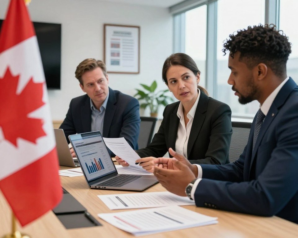 A professional office environment focused on Canadian broadcasting regulations compliance, featuring three diverse business professionals discussing documents. In the foreground, a close-up of a Canadian flag and regulatory paperwork spread across a conference table. In the middle ground, three colleagues, two men and one woman, dressed in business attire, engaged in a serious dialogue while examining a laptop displaying compliance charts and graphs. The background shows a modern office with framed regulatory guidelines on the walls and large windows letting in natural light, creating an atmosphere of professionalism and diligence. The lighting is bright yet soft, highlighting the seriousness of the discussion. The angle is slightly above eye level, providing a comprehensive view of the teamwork and focus on legal compliance in the IPTV landscape.